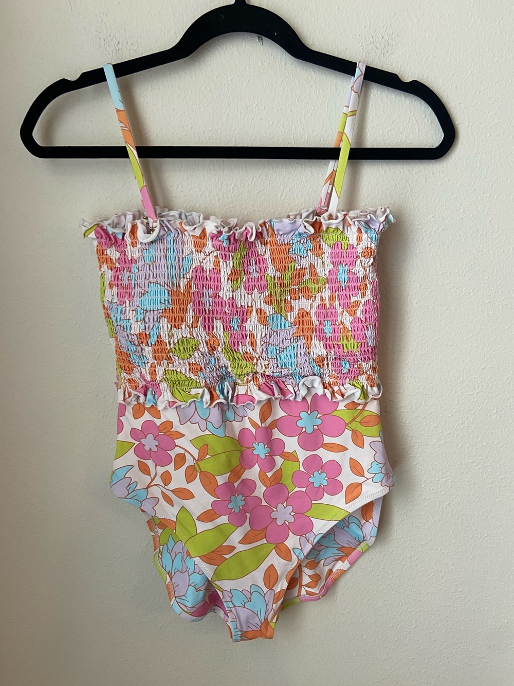 J. Marie Floral Smocked One Piece Swimsuit Size Large Retro Print